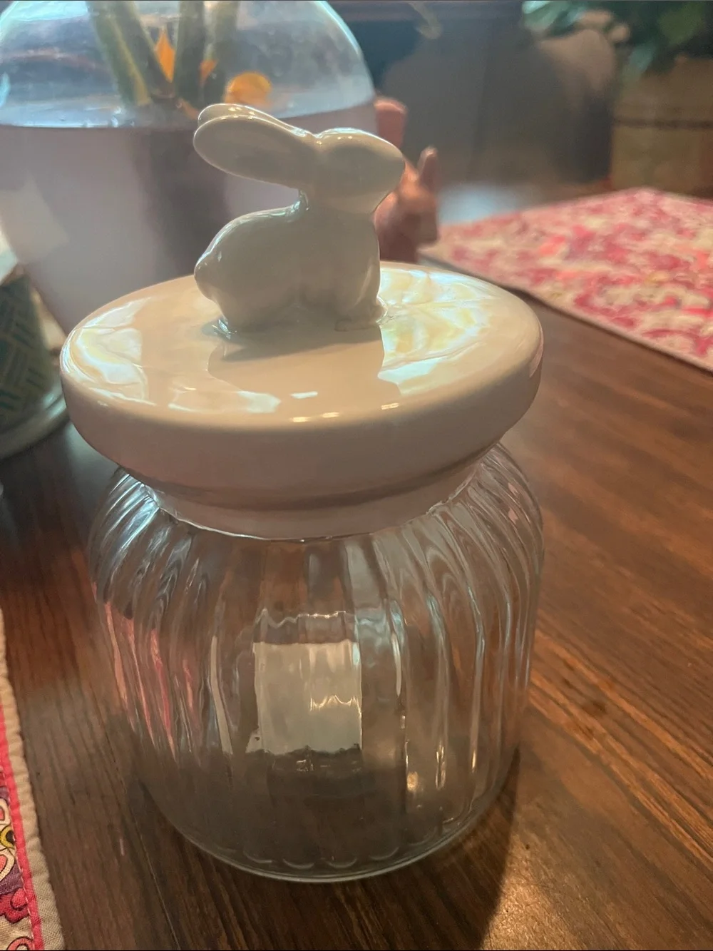 Hobby Lobby Clear Ribbed Glass Jar with Bunny Lid gently used